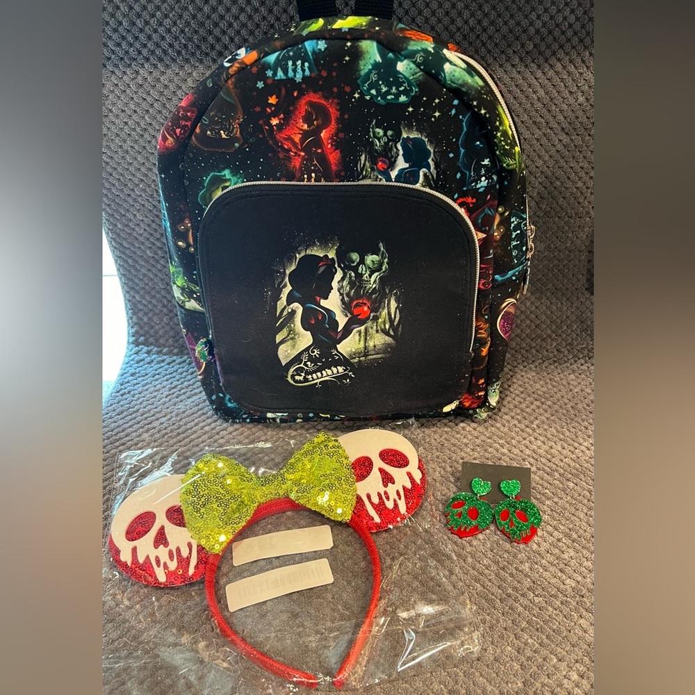 Snow White poison apple backpack, ears, and earrings